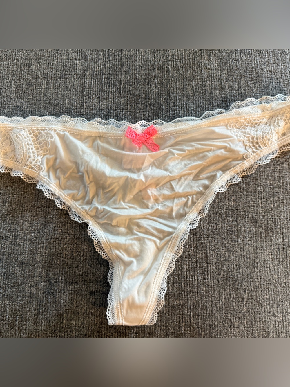 Victoria's Secret Ivory Lace-Trim Bikini Panty with Hot Pink Bow
